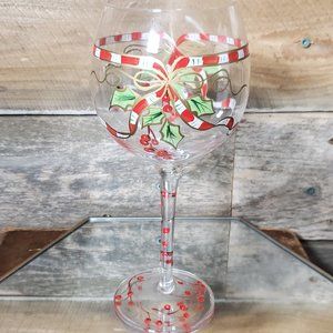 Handpainted Burgundy Wine Glass - Ribbon & Holly